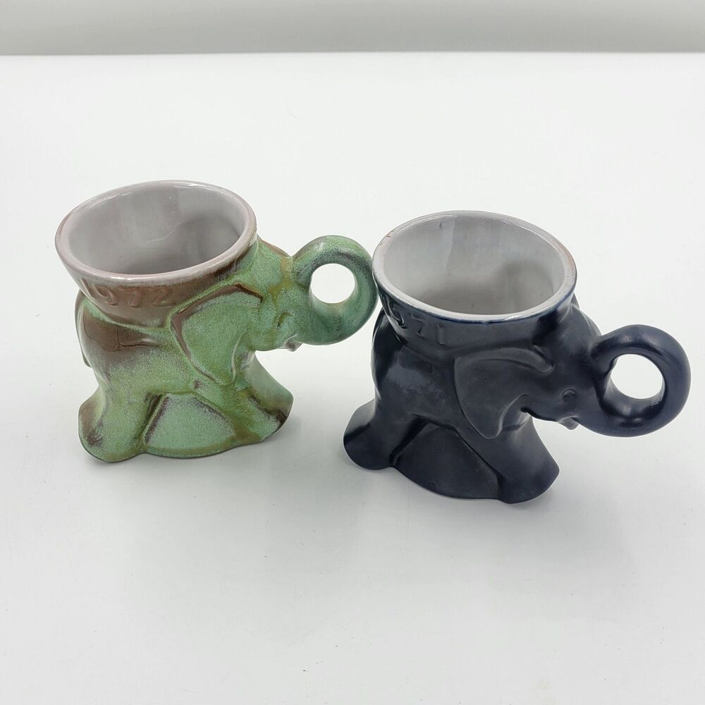 Vintage Frankoma Pottery Elephant GOP Mug 1971 Black EUC. Lot of Two Mugs